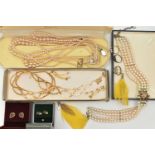 A SELECTION OF COSTUME JEWELLERY, to include imitation pearl necklaces, three rings, three pairs