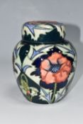A MOORCROFT POTTERY 'POPPY' PATTERN GINGER JAR AND COVER, tube lined with red poppies on a blue