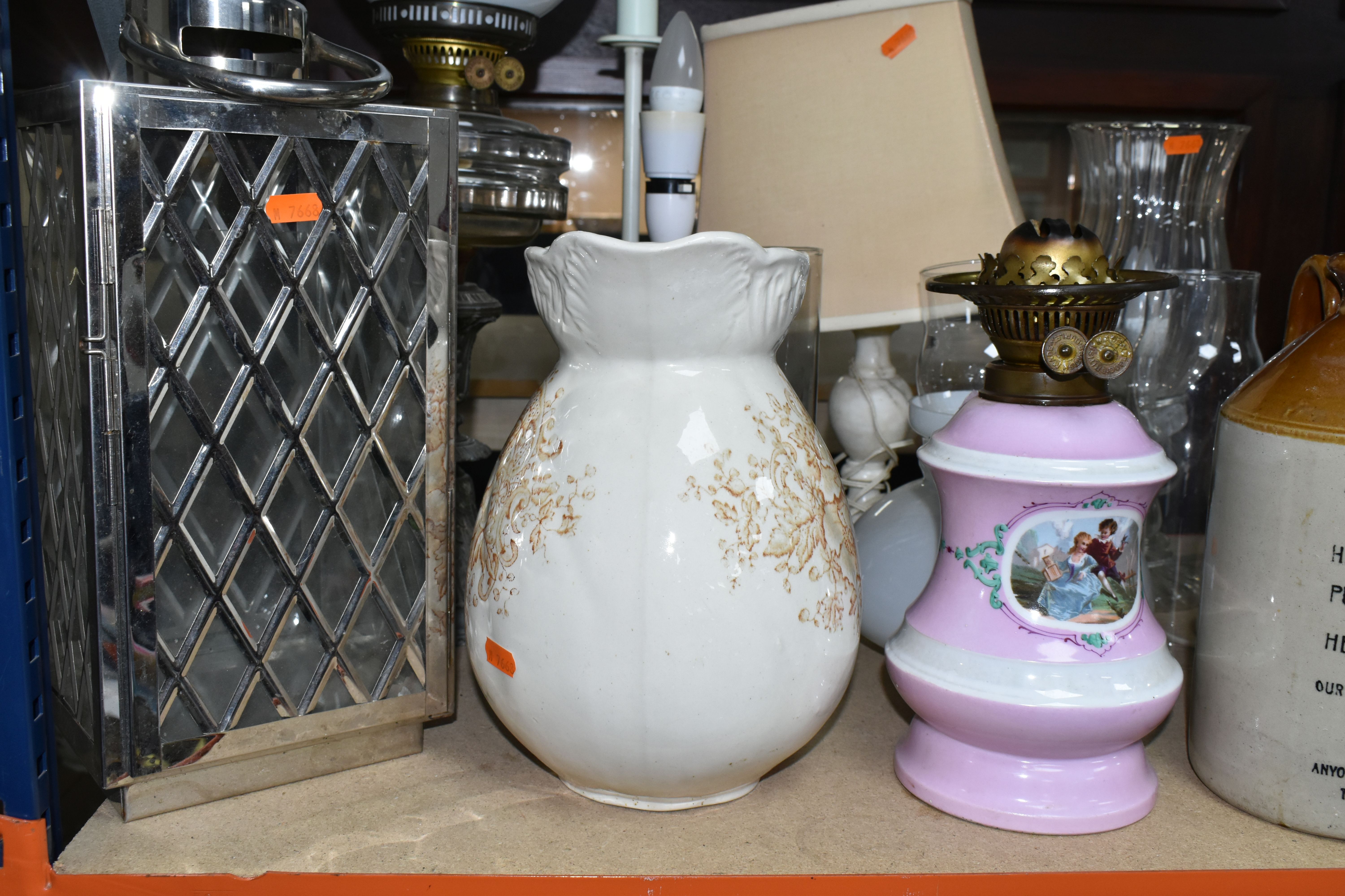 A COLLECTION OF LAMPS AND LARGE CERAMIC ITEMS, to include two Duplex oil lamps, one with metal - Image 2 of 8