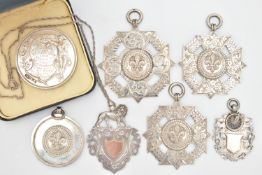 SIX SILVER FOB MEDALS AND A MEDALLION, three large Maltese fobs, each inscribed 'Sig Bvrgi De