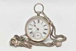 A WHITE METAL OPEN FACE POCKET WATCH, key wound, round white dial, Roman numerals, subsidiary dial