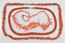 THREE CORAL BEAD NECKLACES, to include a small circular bead necklace fitted with spring clasp,