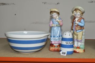 A TG GREEN & CO LTD 'CORNISH WARE' SUGAR SIFTER AND MIXING BOWL, the sifter labelled 'Sugar'