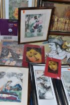 A BOX OF DECORATIVE PICTURES AND PRINTS ETC, to include two Chinese paintings on silk depicting a