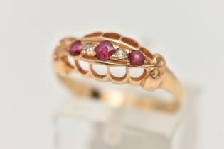 A RUBY AND DIAMOND RING, designed as three graduated rubies interspaced by single cut diamonds, to