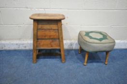 A 20TH CENTURY PINE STORAGE STOOL, with twin brass handles and a single door, width