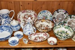 A GROUP OF MASON'S IRONSTONE, comprising a large 'Blue Batik' pattern pitcher, a teapot, large fruit