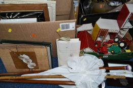 FOUR BOXES AND LOOSE TOYS, WALKING STICKS, HARDWARE AND SUNDRY ITEMS, to include four wooden toy