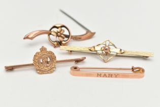 THREE BAR BROOCHES AND A SWEETHEART BROOCH, the first a 9ct gold AF brooch with a clover detail,