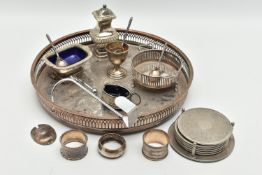 A SMALL ASSORTMENT OF SILVER AND SILVER PLATE ITEMS, to include three silver napkin rings, of
