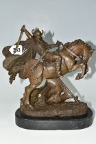 A MODERN BRONZE SCULPTURE OF A VIKING WARRIOR, depicting the warrior on horseback in battle,