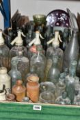 THREE BOXES OF BOTTLES, CERAMICS AND GLASS WARE, to include four soda syphons with etched bottles