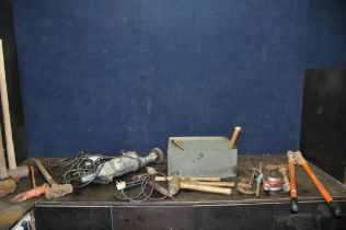 A COLLECTION OF VINTAGE TOOLS including a metal tools chest, a Wolf Portable grinder, a Wolf