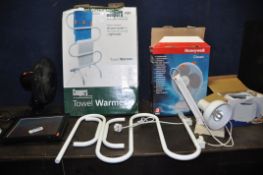 A COLLECTION OF HOUSEHOLD ELECTRICALS including a brand new in box Honeywell classic table fan, a