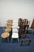 A SELECTION OF CHAIRS, of various ages, styles and timbers, to include three pairs, a set of four