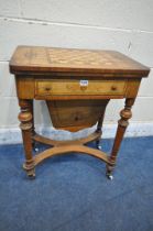 A VICTORIAN WALNUT AND INLAID WORK TABLE, the revolving surface with a chess board, enclosing