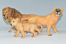 A FAMILY OF BESWICK LIONS, three figures comprising model numbers 2089 Lion, 2097 Lioness and 2098