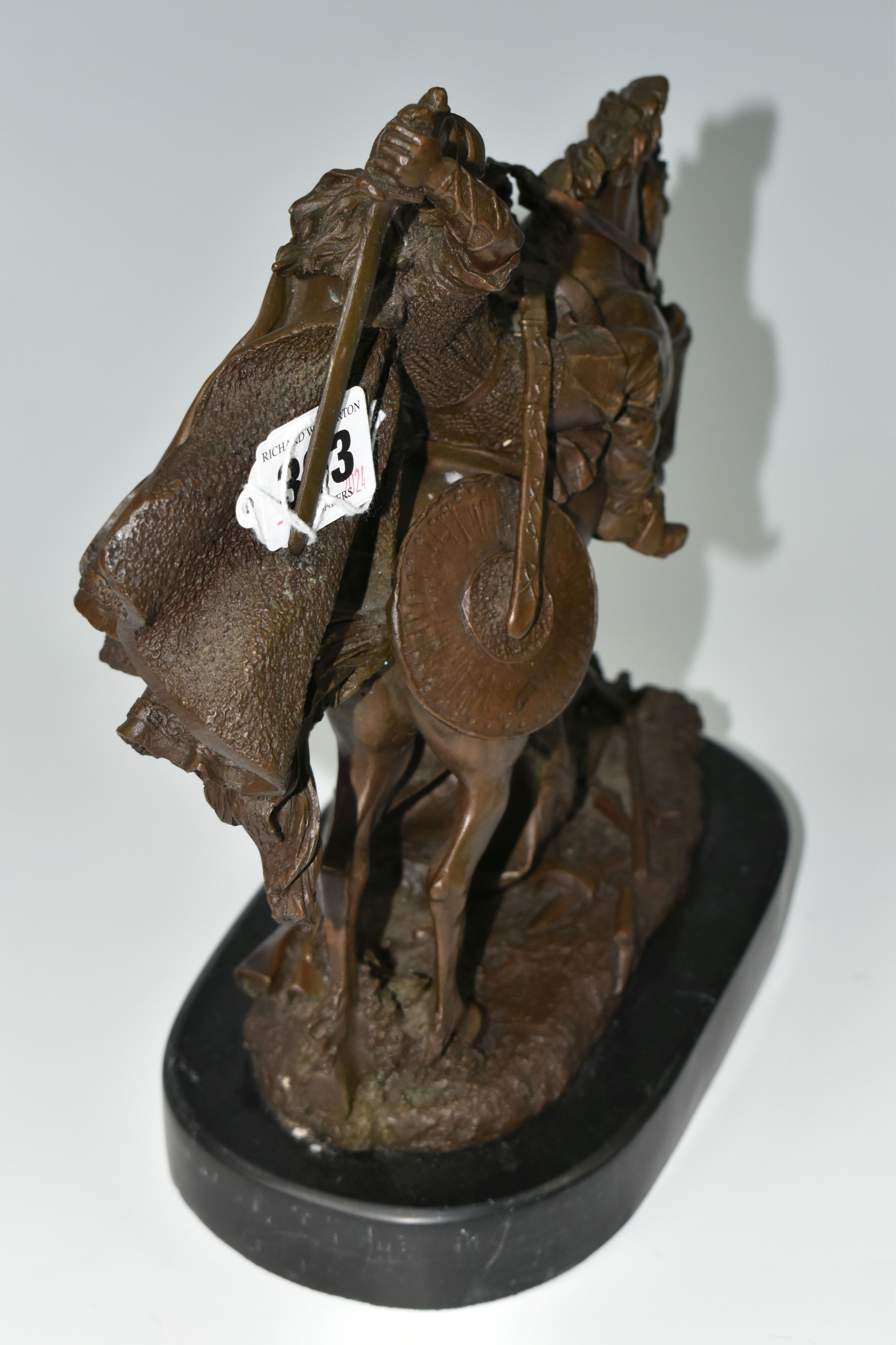 A MODERN BRONZE SCULPTURE OF A VIKING WARRIOR, depicting the warrior on horseback in battle, - Image 6 of 9
