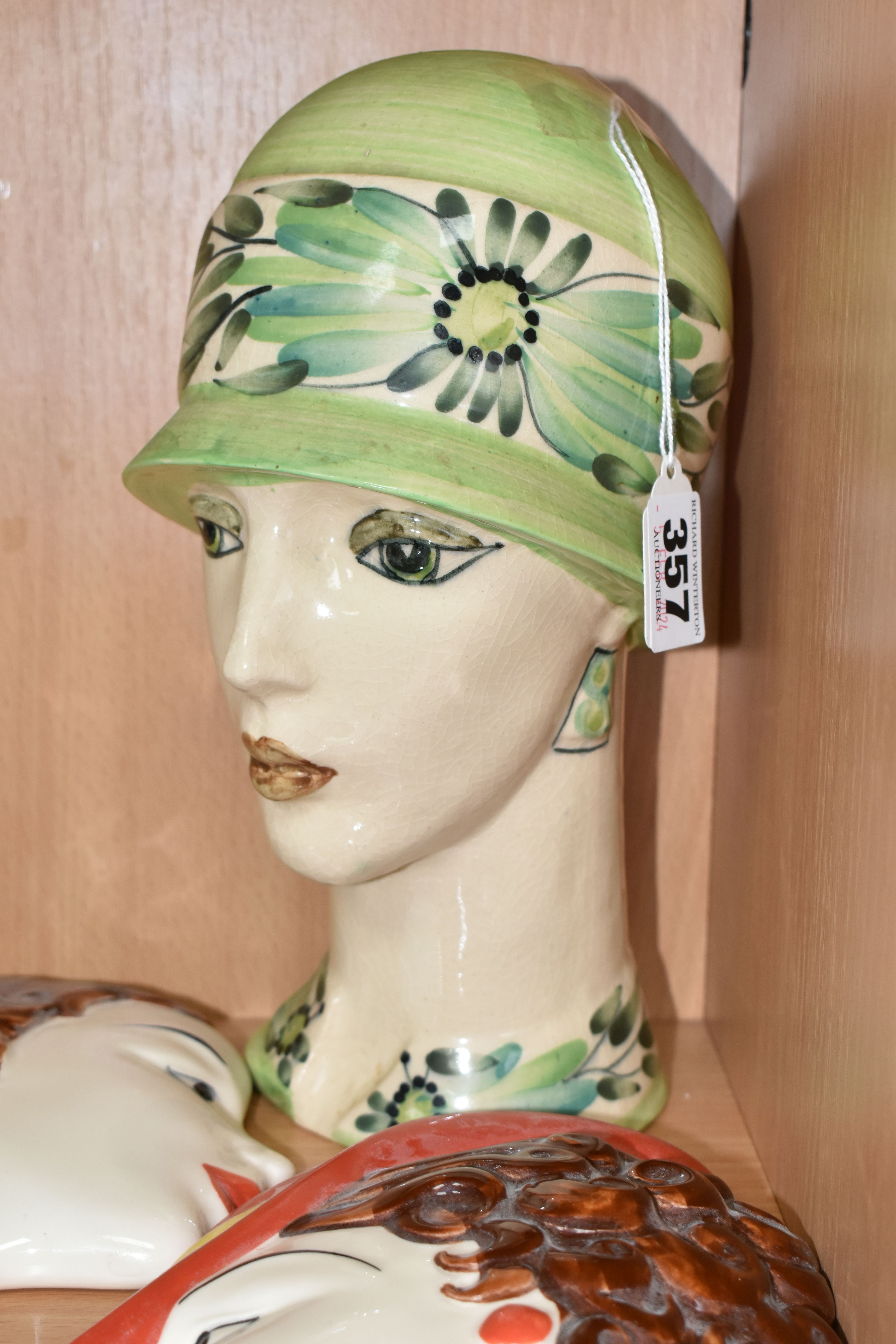 TWO MOORLAND POTTERY WALL MASKS AND A 1920'S STYLE BUST, comprising two Moorland Pottery Art Deco - Image 2 of 7