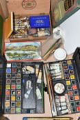 A BOX OF VINTAGE ART MATERIALS, to include a Reeves tin watercolour box, with half pans, tubes,