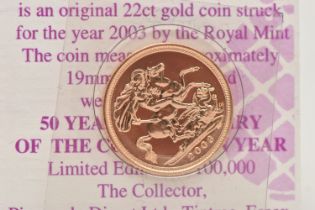 A 2003 ELIZABETH II, 22CT GOLD HALF SOVEREIGN COIN, 3.98 grams, 19mm, in blister pack with COA