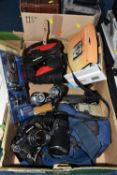 TWO BOXES OF CAMERAS, EQUIPMENT AND BINOCULARS, to include a pair of Victorian opera glasses with