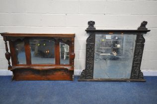 AN EARLY 20TH CENTURY OVERMANTEL MIRROR, with foliate and scrolled carved decorations, width 140cm x