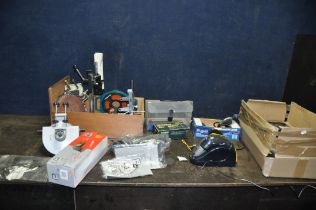 A DRAWER AND A BOC CONTAINING TOOLS including a Dremel stand, two Wolfcraft sanding attachments, a