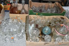 FIVE BOXES AND LOOSE GLASS WARE, to include uranium and coloured pressed glass bowls, plates and