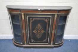 A VICTORIAN EBONISED BREAKFRONT CREDENZA, with burr walnut and inlaid highlights, brass beading, and