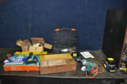 A SELECTION OF POWER AND HAND TOOLS including a Challenge Xtreme cordless drill with two batteries