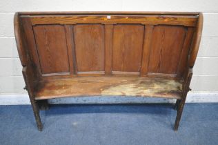 A 19TH CENTURY PINE CURVED CHURCH PEW, width 166cm x depth 44cm x height 109cm (condition report: