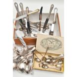 AN ASSORTMENT OF SILVER AND SILVER PLATE CUTLERY, to include nine silver teaspoons and two pair of