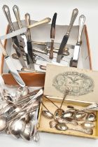 AN ASSORTMENT OF SILVER AND SILVER PLATE CUTLERY, to include nine silver teaspoons and two pair of