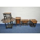 A SELECTION OF 20TH CENTURY OAK OCCASIONAL FURNITURE, to include a drop leaf table with foliate