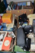 THREE BOXES OF MISCELLANEOUS SUNDRIES, to include .Ds, cream push button phone, an Olympus XA 1, a