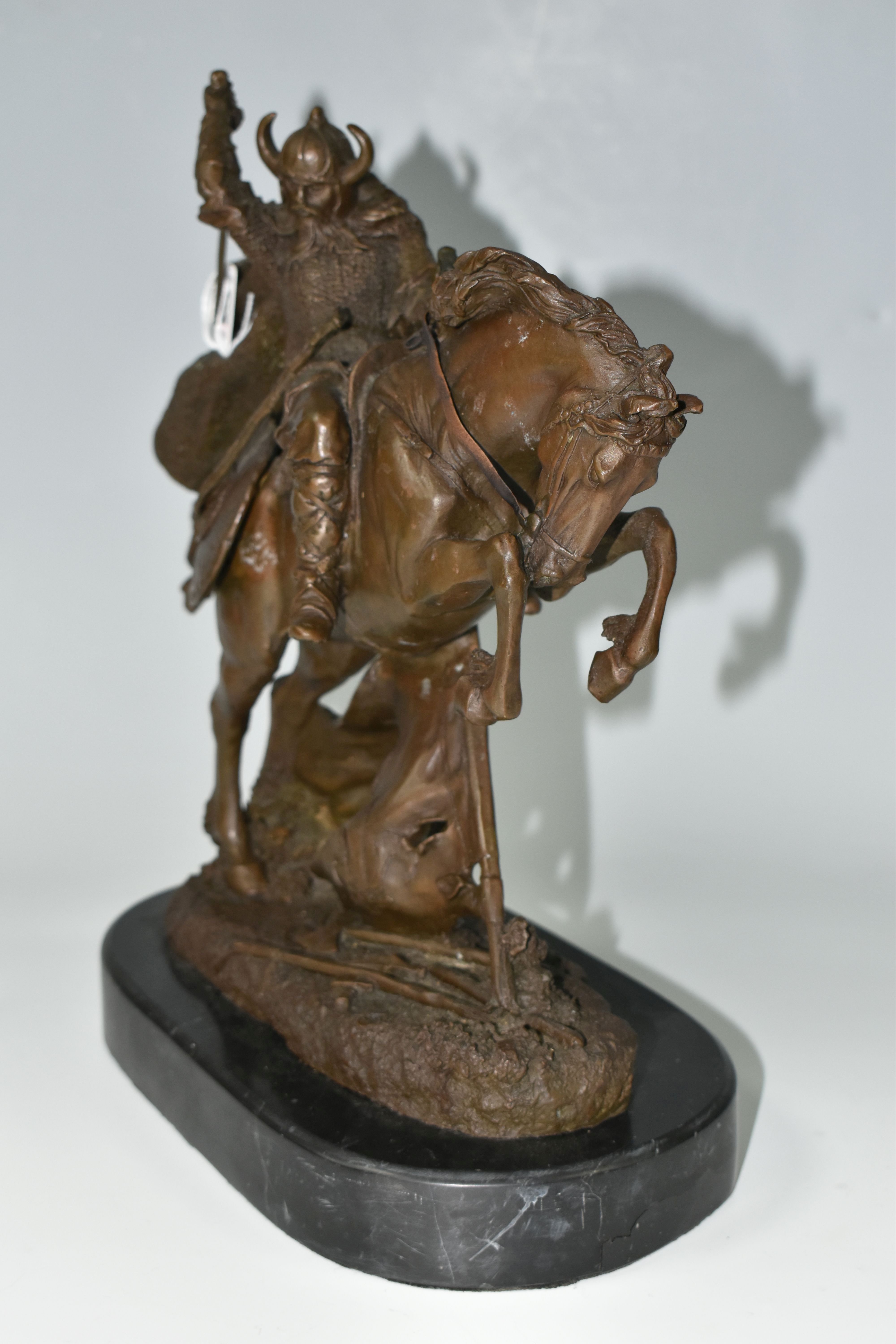 A MODERN BRONZE SCULPTURE OF A VIKING WARRIOR, depicting the warrior on horseback in battle, - Image 4 of 9