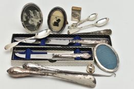 A SELECTION OF SILVERWARE, to include two early Victorian silver fiddle pattern teaspoons, hallmarks