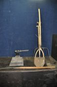 A VINTAGE BALANCE SCALE with Imperial markings (bed repaired) and four vintage gardening tools
