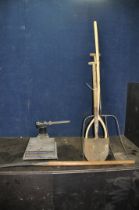 A VINTAGE BALANCE SCALE with Imperial markings (bed repaired) and four vintage gardening tools