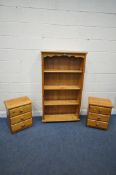 A MODERN PINE OPEN BOOKCASE, with three adjustable shelves, width 184cm x depth 28cm x height 150cm,