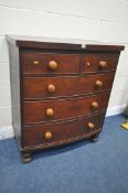 A 19TH CENTURY MAHOGANY BOW FRONT CHEST OF TWO SHORT OVER THREE LONG DRAWERS, on turned feet,