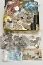 A TIN OF MIXED COINS, to include approximately 490 grams of mainly UK silver content coins, a