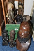A QUANTITY OF TRIBAL FIGURES, tourist souvenirs, to include a large heavy hard wood bust, and