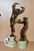 TWO MODERN ART DECO STYLE BRONZED FIGURES, comprising a woman balancing a ball of green onyx, height