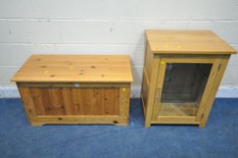 A MODERN PINE BLANKET CHEST, width 92cm x depth 44cm x height 52cm, along with a light oak media