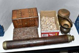 A TELESCOPE, METALWARE, TREEN AND A BOX OF SHELLS, comprising a single draw brass and wooden