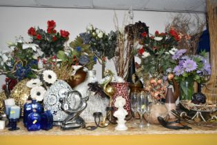 A LARGE QUANTITY OF ARTIFICIAL FLOWERS, VASES AND ORNAMENTS, comprising glass candle holders,