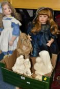 TWO SUITCASES AND ONE BOX OF PORCELAIN COLLECTABLE DOLLS, a large quantity of collectable