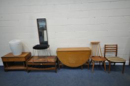 A MID CENTURY TEAK FRAMED TILE TOP COFFEE TABLE, with shaped stretchers and slatted undershelf,